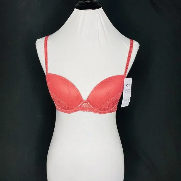 Simone Perele Bra 32C Promesse Padded Rose Pink 3D Plunge Leavers Lace Underwire - Picture 3 of 11